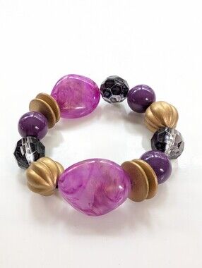 Vintage 90s Purple Marbled Acrylic Beaded Artsy Layering Stretch Bracelet